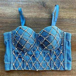 Rhinestone Denim Jean Bustier Crop Cami Top Medium Wash